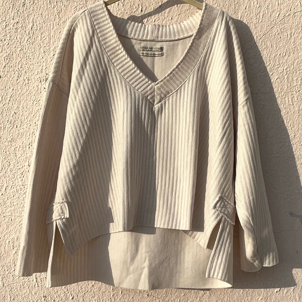 Urban Outfitters Lightweight V-Neck Ribbed Sweater— Ivory/Off-White/Pearl Color